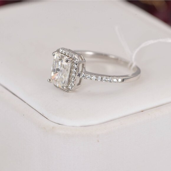 Certified 2.0 ct Halo Radiant Cut Moissanite Engagement Ring 925 Sterling - Picture 4 of 7